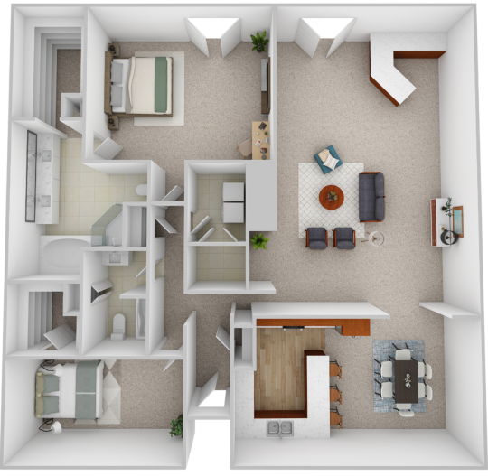 a 3d rendering of a two bedroom apartment at The Regency Apartments